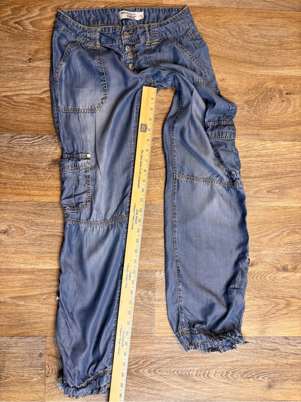Harmony + Havoc Chambray Cargo Jogger Pants Size 7 Blue Lightweight Utility Boho - Picture 3 of 6